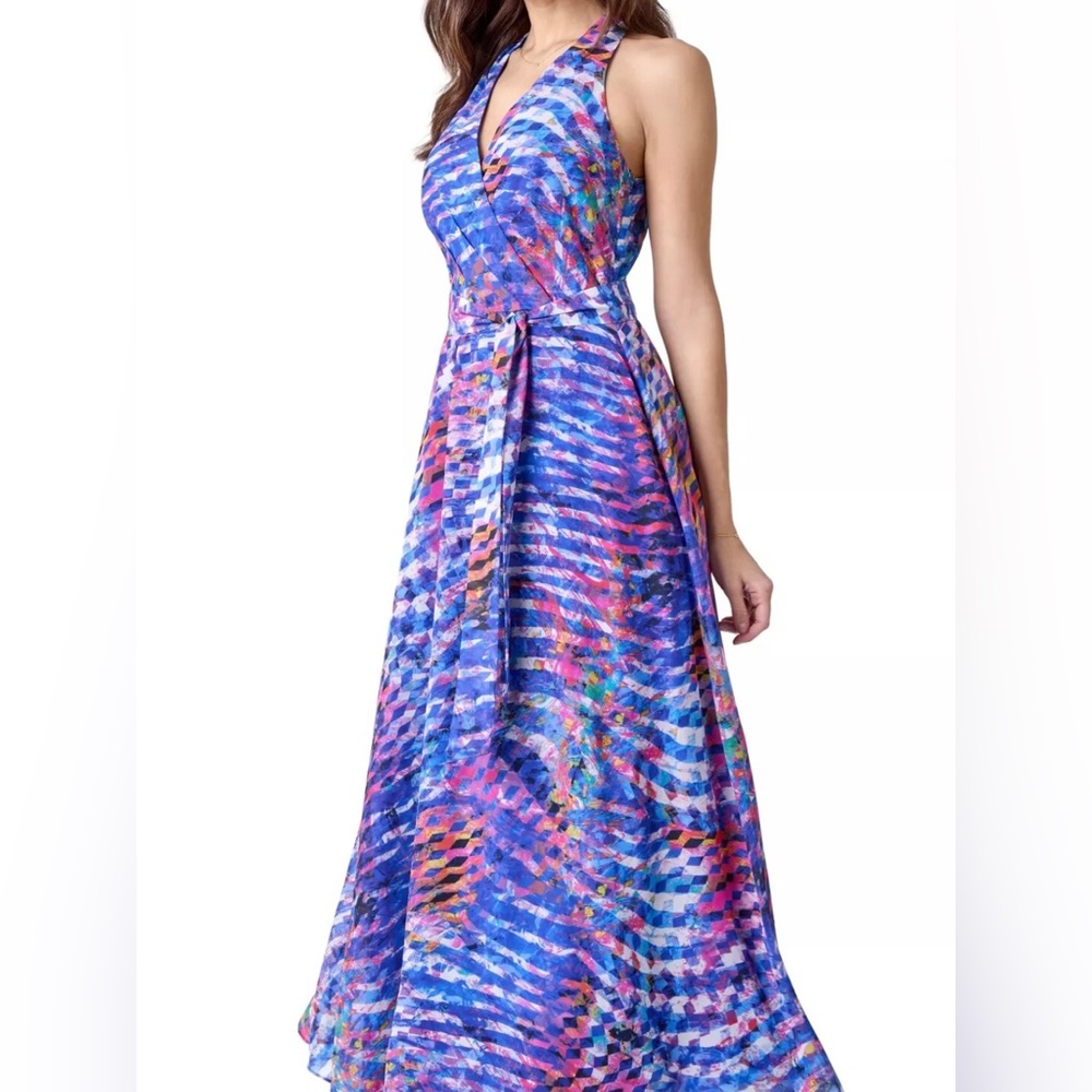 BE BY CHETTA B Size 10‎ Colorful Abstract Halterneck Maxi Dress Flowy Spring Art